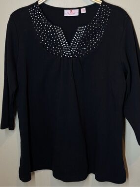 Quacker Factory Black Rhinestone 3/4 Sleeve Top, large, 100% cotton, QVC